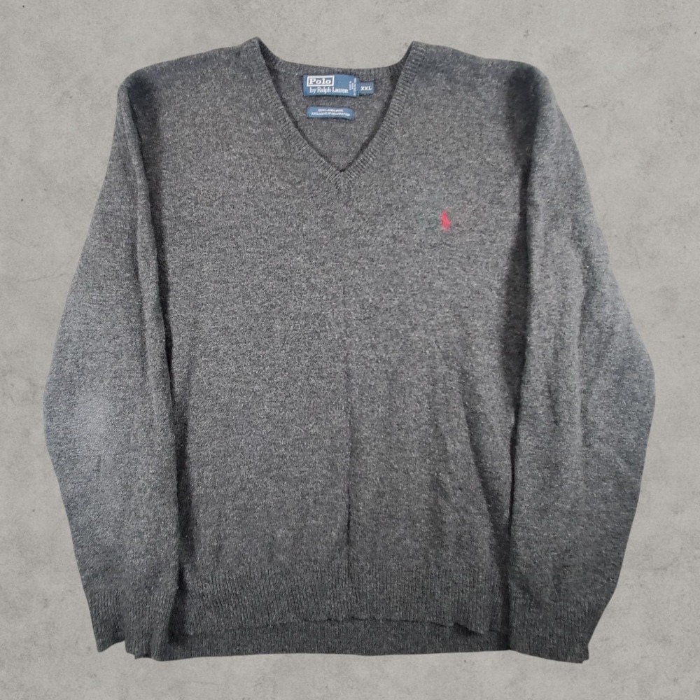 Polo Ralph Lauren Sweater Mens XXL Gray 100% Lambswool V-Neck Red Pony Logo